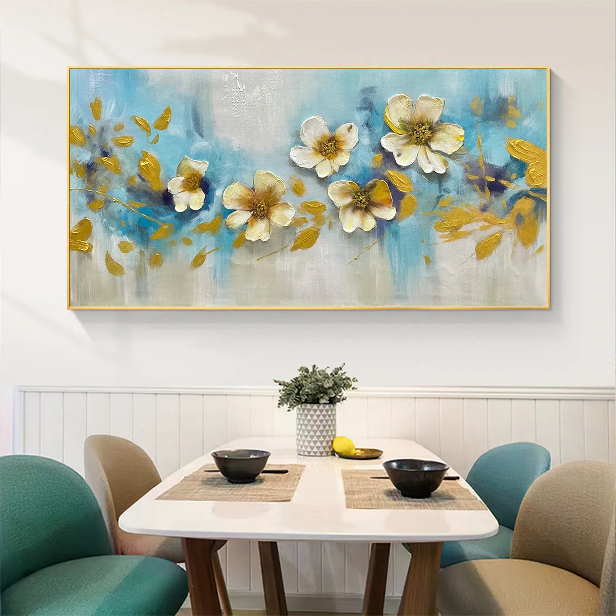 GOLDEN BLOSSOM DRIFT: Floral Painting with Gold Accents