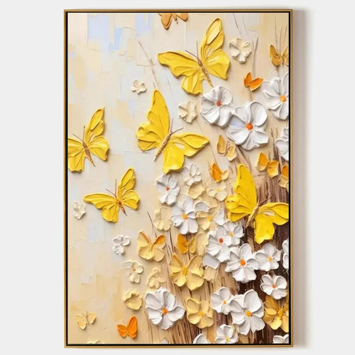 Textured Butterfly and Floral Painting, Yellow and White Wall Art, Vertical Canvas, Impasto Decor