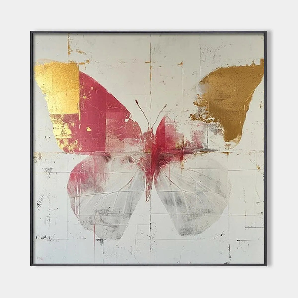 Butterfly Painting, Gold and Pink Wall Art, Square Canvas Art, Bedroom Decor