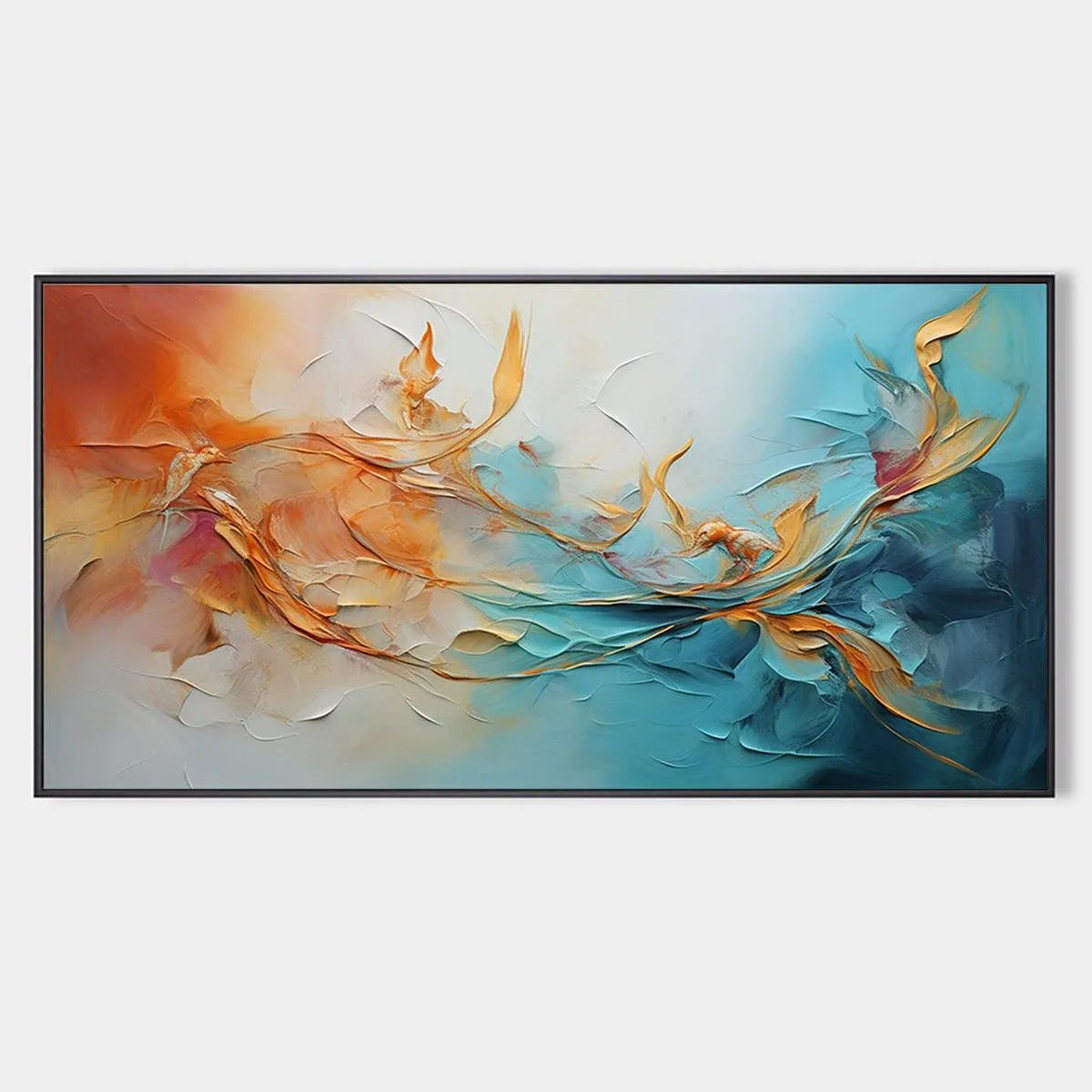 Panoramic Abstract Teal and Gold Oil Painting