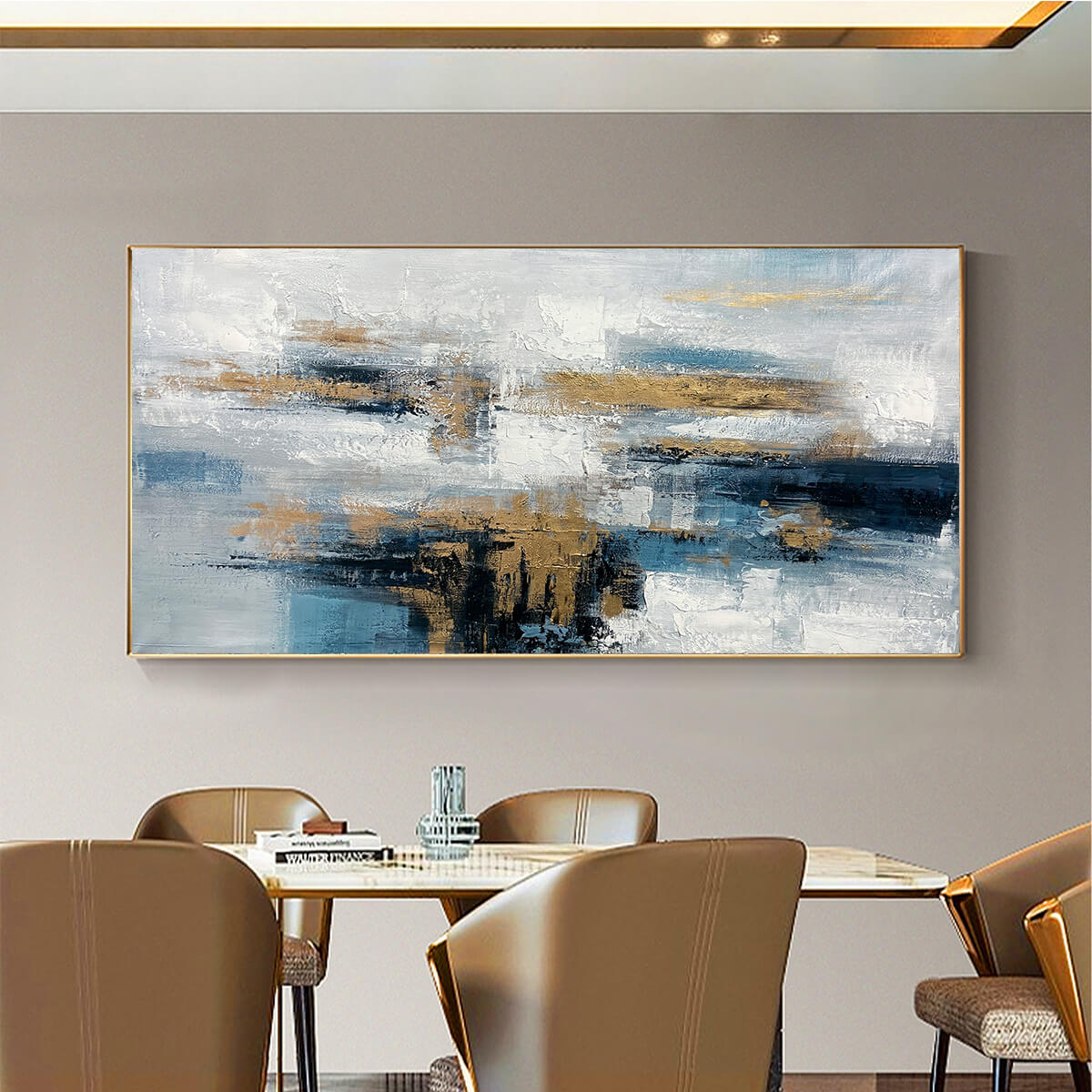 Golden Drift: Abstract Blue and Gold Oil Painting Canvas Wall Art Home Decor