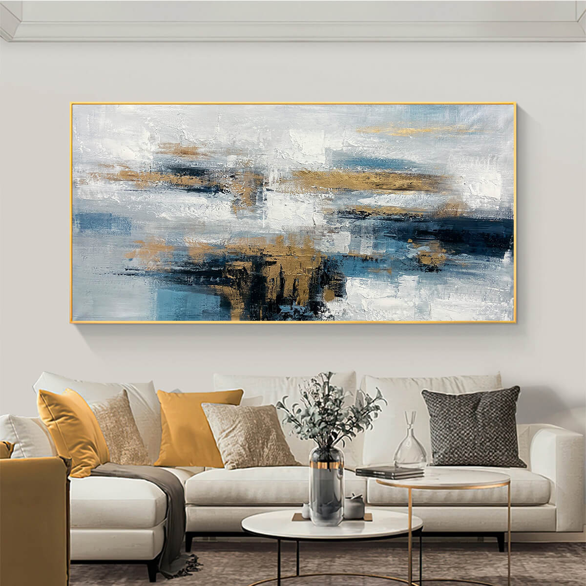 GOLDEN DRIFT: Abstract Blue and Gold Oil Painting