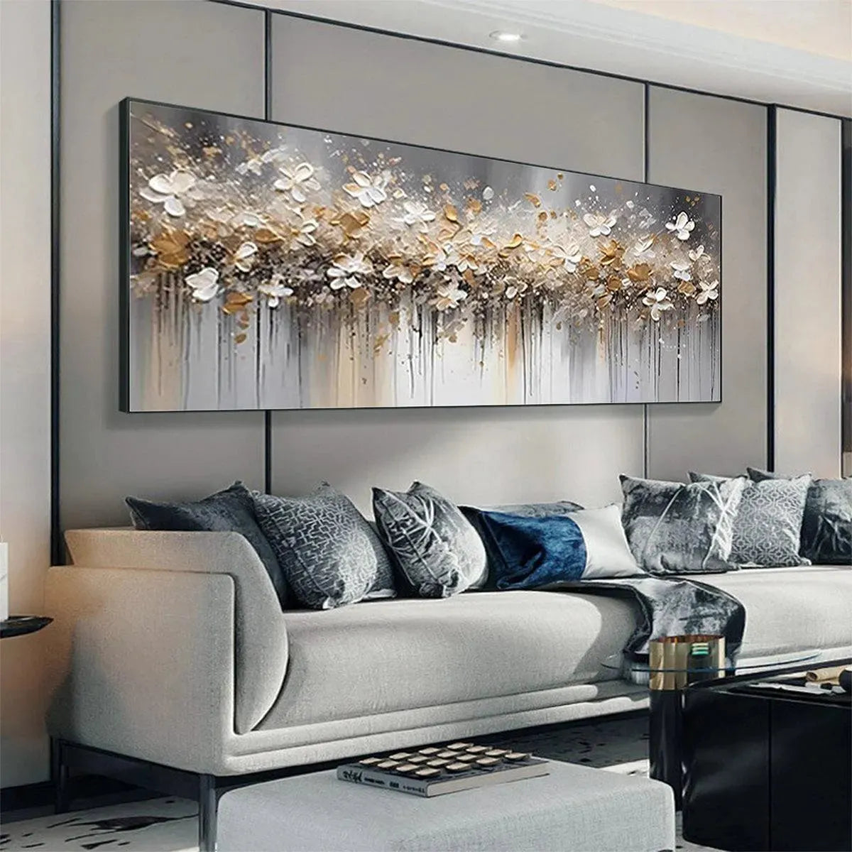 GOLDEN DRIFT: White and Gold Floral Abstract Painting by Willow Davies for living room decor.