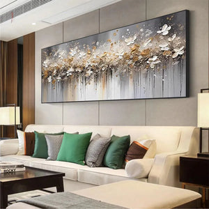 Golden Drift abstract floral painting by Willow Davies, white and gold blossoms for living room decor.