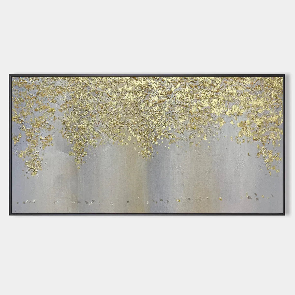 Gold Leaf Abstract Painting, Grey and Gold Wall Art, Horizontal Canvas, Modern Decor