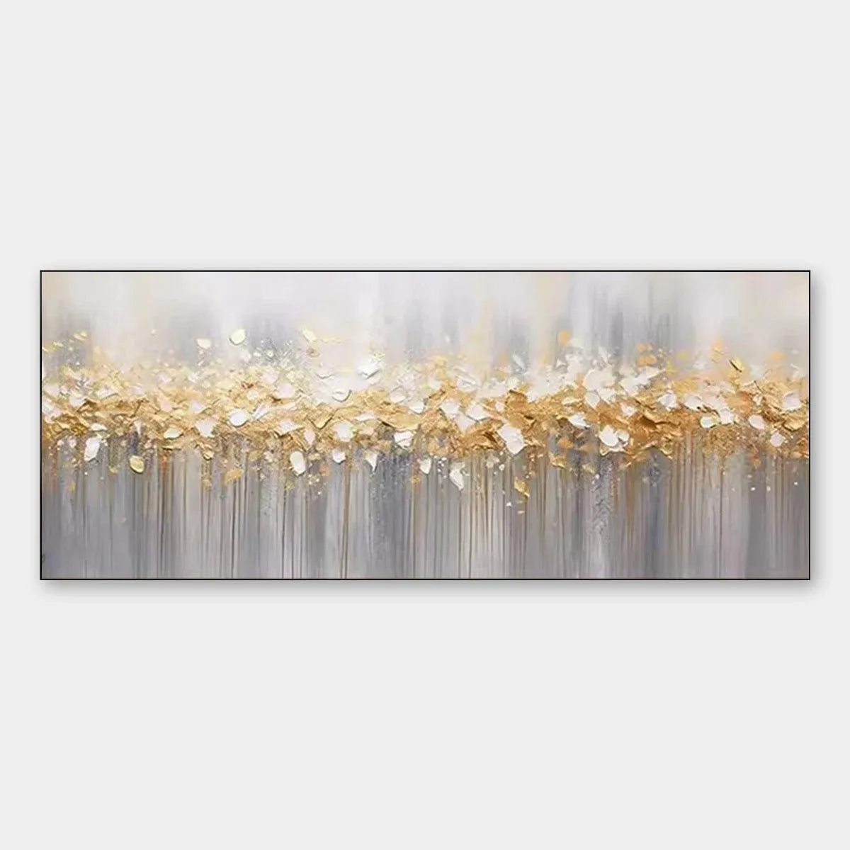 Textured Abstract Painting, Gold and Grey Wall Art, Panoramic Canvas, Modern Decor