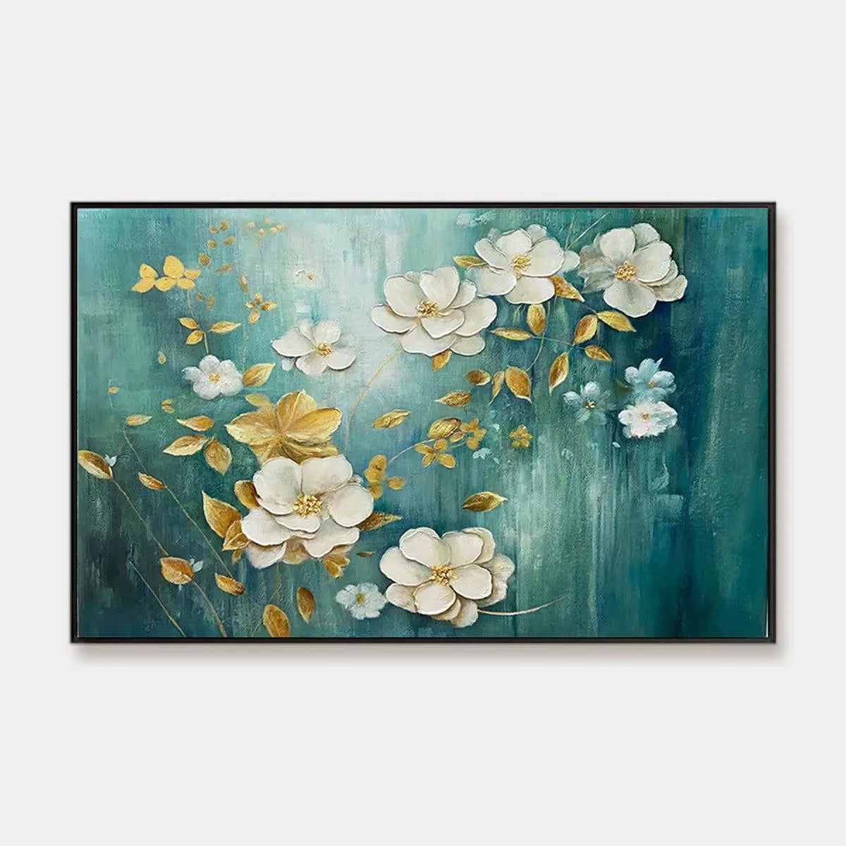 White and Gold Floral Painting, Teal Green Background Wall Art, Horizontal Canvas, Impressionist Decor