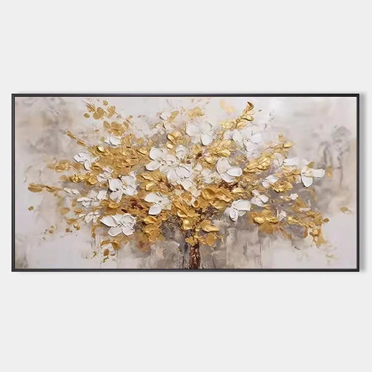 Textured White and Gold Floral Impasto Painting