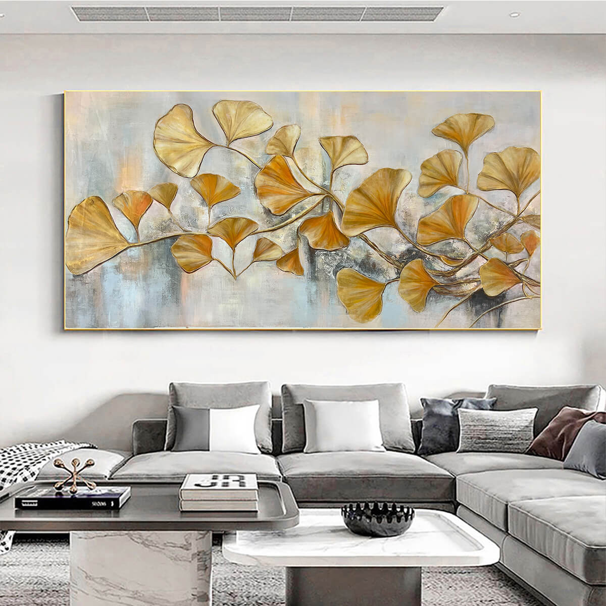 Golden Ginkgo: Textured Gold Leaf Oil Painting Canvas Wall Art Botanical Decor
