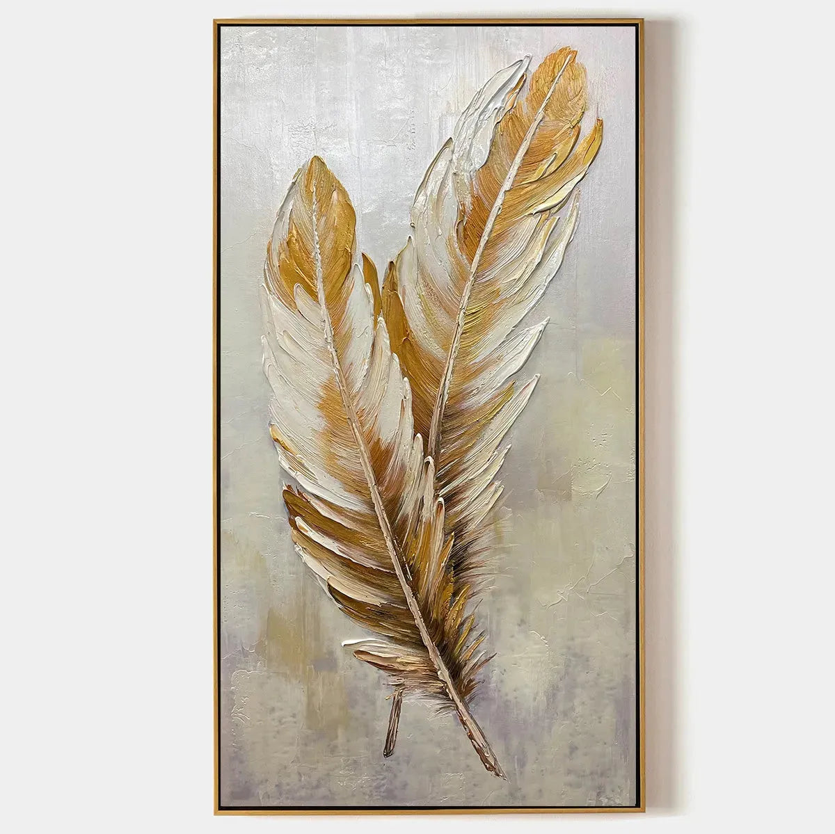 Vertical Painting of Golden Feathers, Textured Impasto, Modern Wall Art