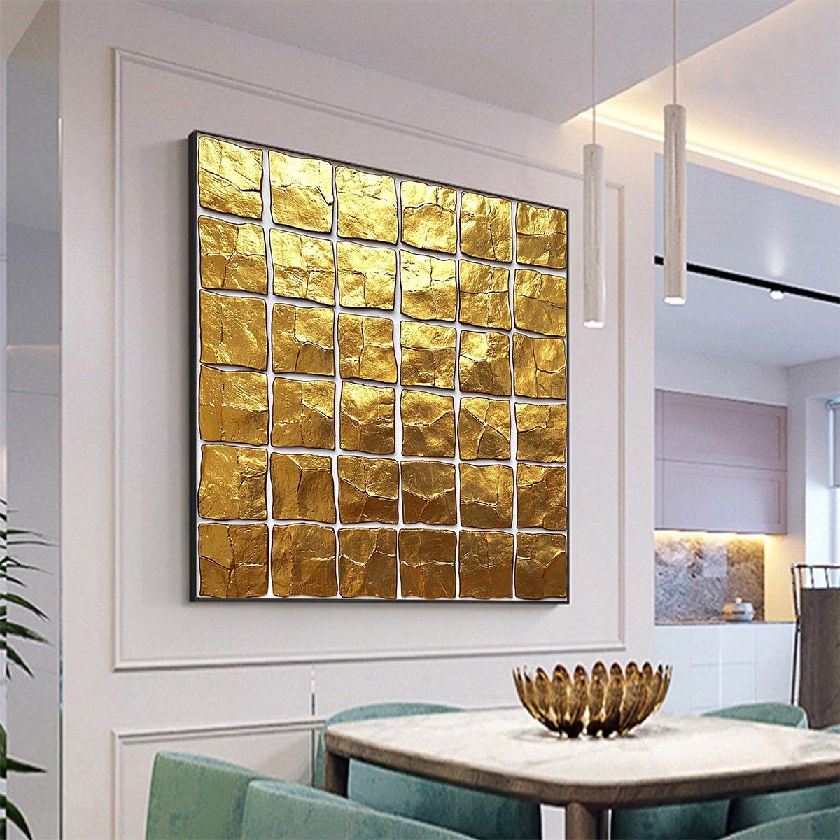 Golden Grid: Original Textured Minimalist Abstract Oil Painting