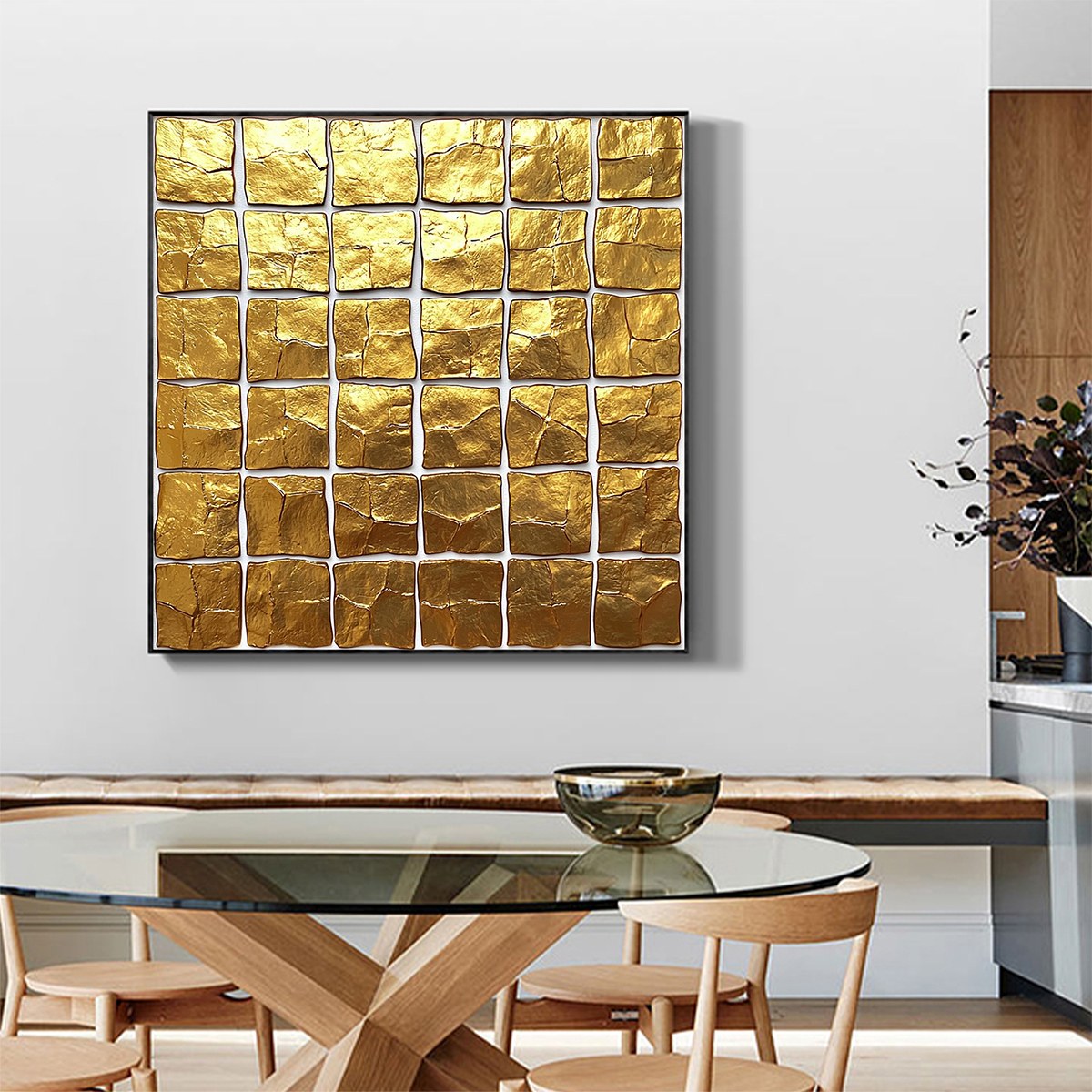 Golden Grid: Original Textured Minimalist Abstract Oil Painting