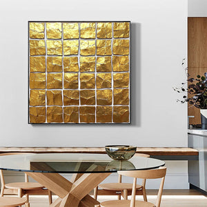 Golden Grid: Original Textured Minimalist Abstract Oil Painting - Gold Wall Art Decor