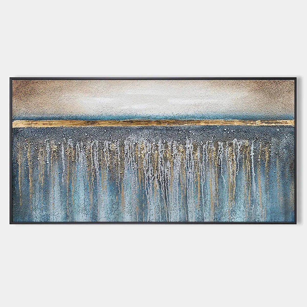 Panoramic Abstract Oil Painting with Gold and Blue