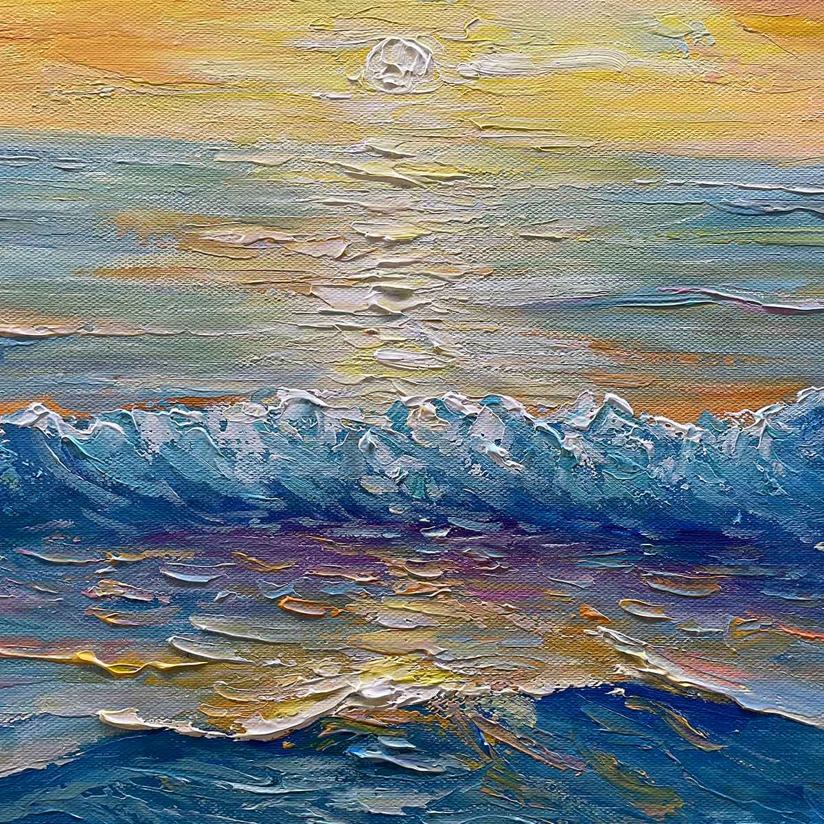 GOLDEN HORIZON: Panoramic Coastal Sunset Oil Painting