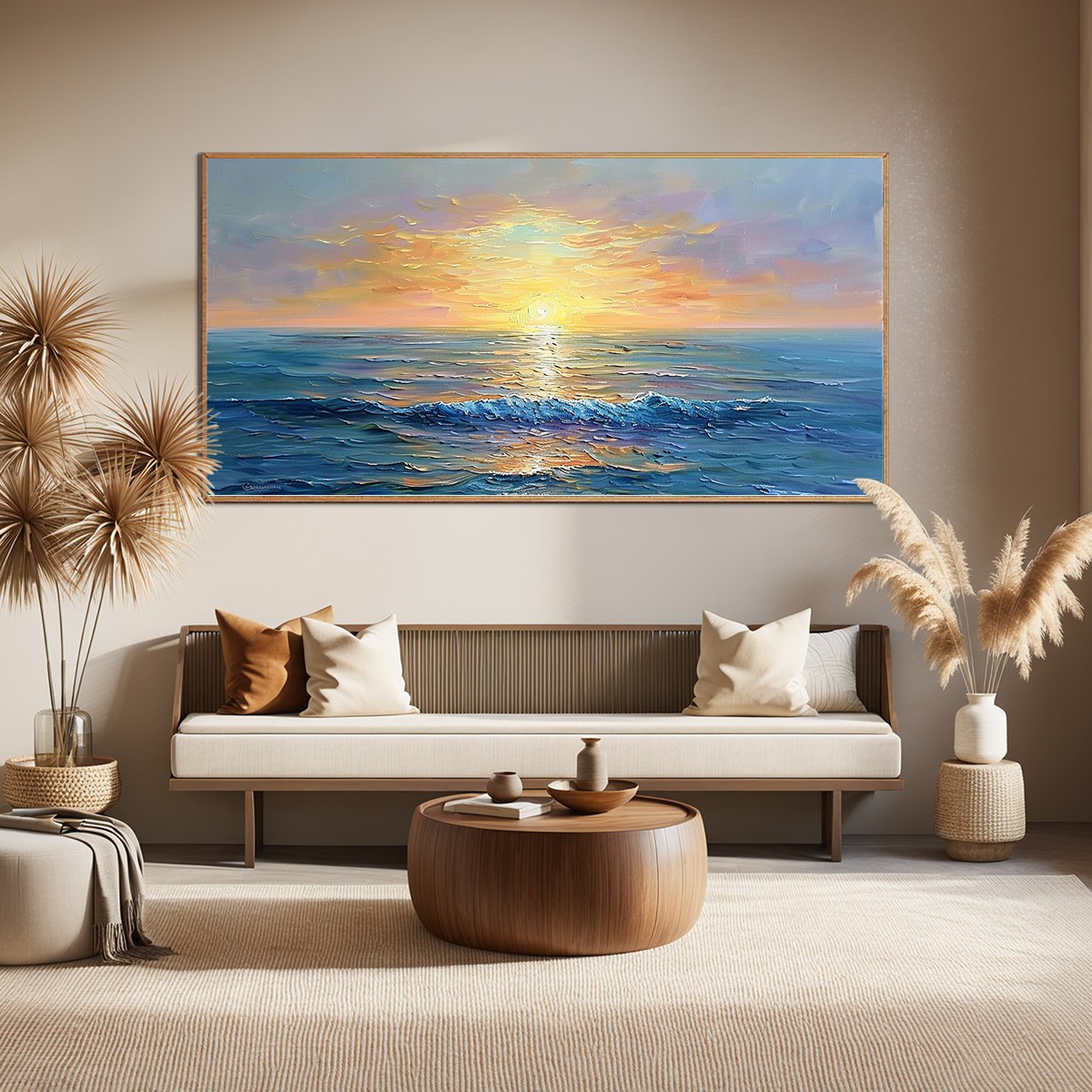 Golden Horizon: Original Panoramic Coastal Sunset Oil Painting - Ocean Seascape Wall Art