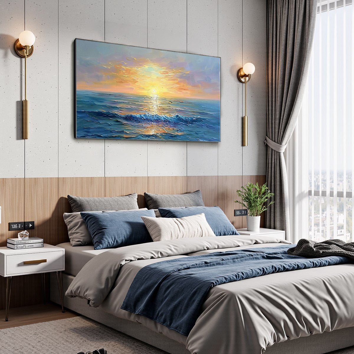 GOLDEN HORIZON: Panoramic Coastal Sunset Oil Painting