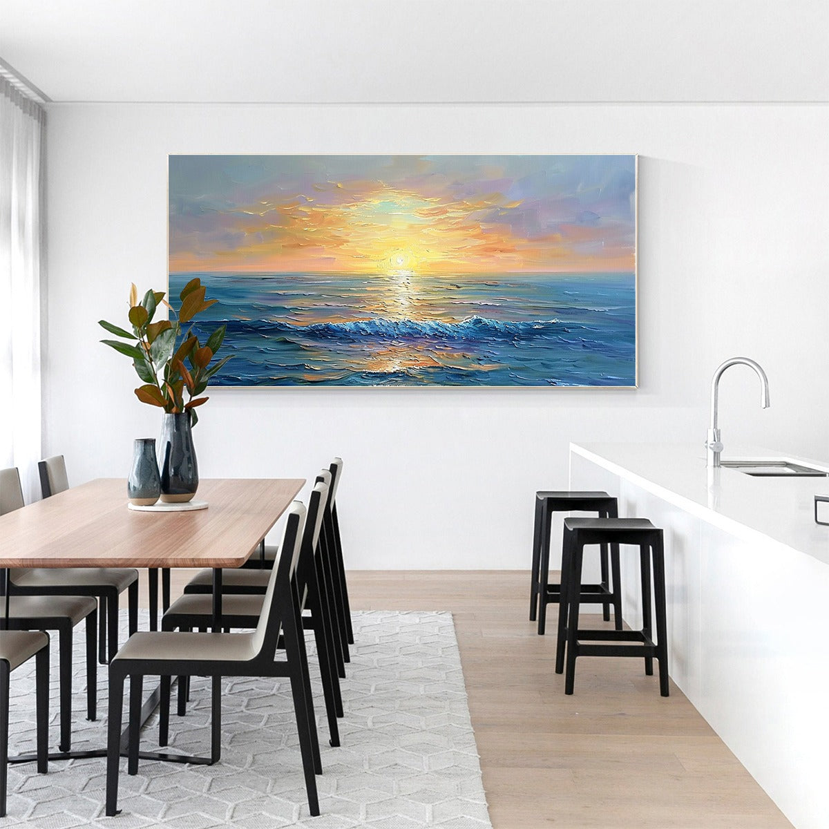 GOLDEN HORIZON: Panoramic Coastal Sunset Oil Painting