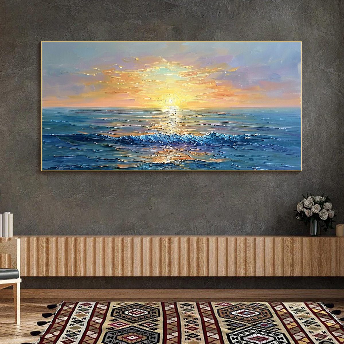 GOLDEN HORIZON: Panoramic Coastal Sunset Oil Painting