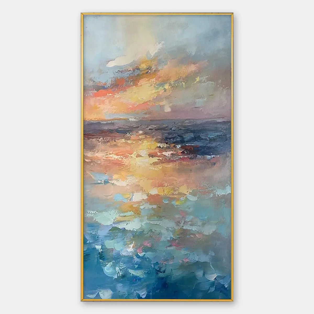 Ocean Painting, Sunset Wall Art, Impasto Texture, Vertical Canvas