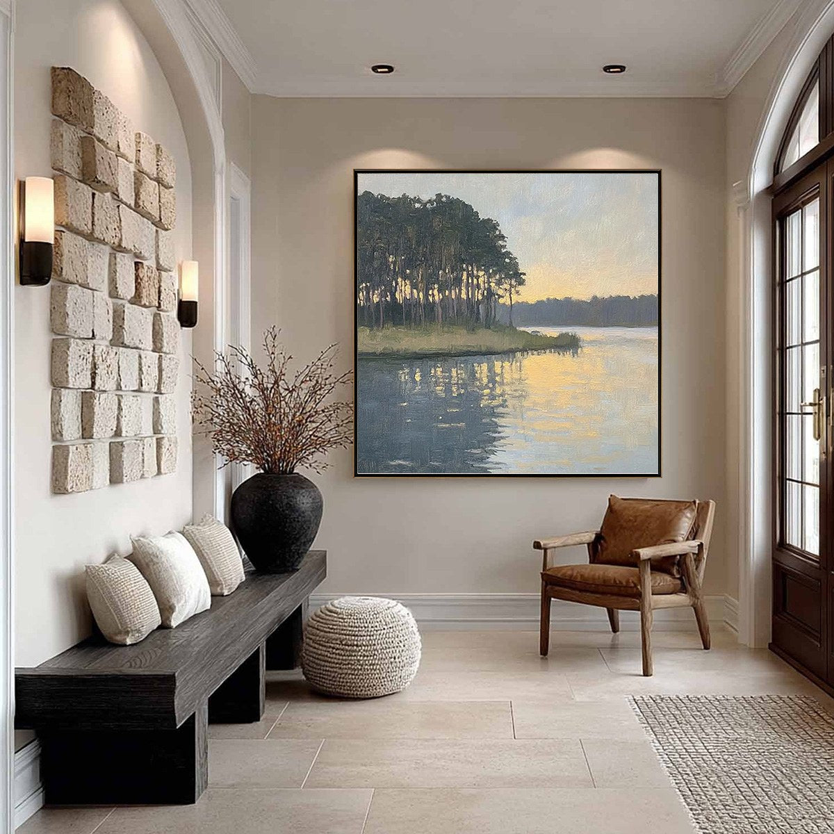 GOLDEN HOUR SERENITY: Tranquil Landscape Oil Painting