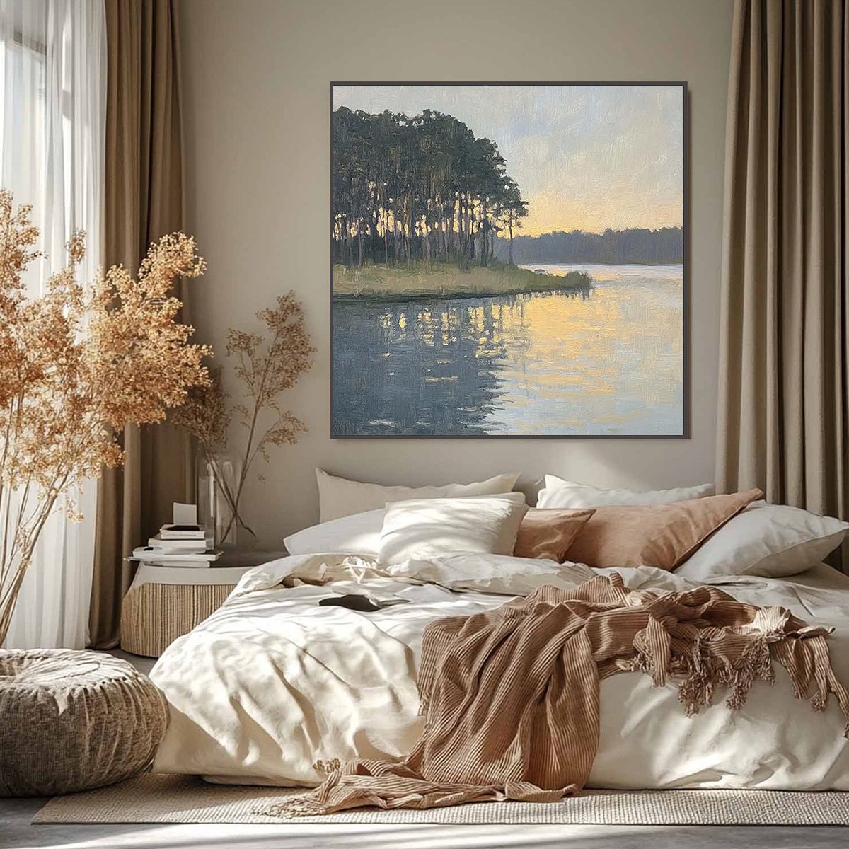 GOLDEN HOUR SERENITY: Tranquil Landscape Oil Painting