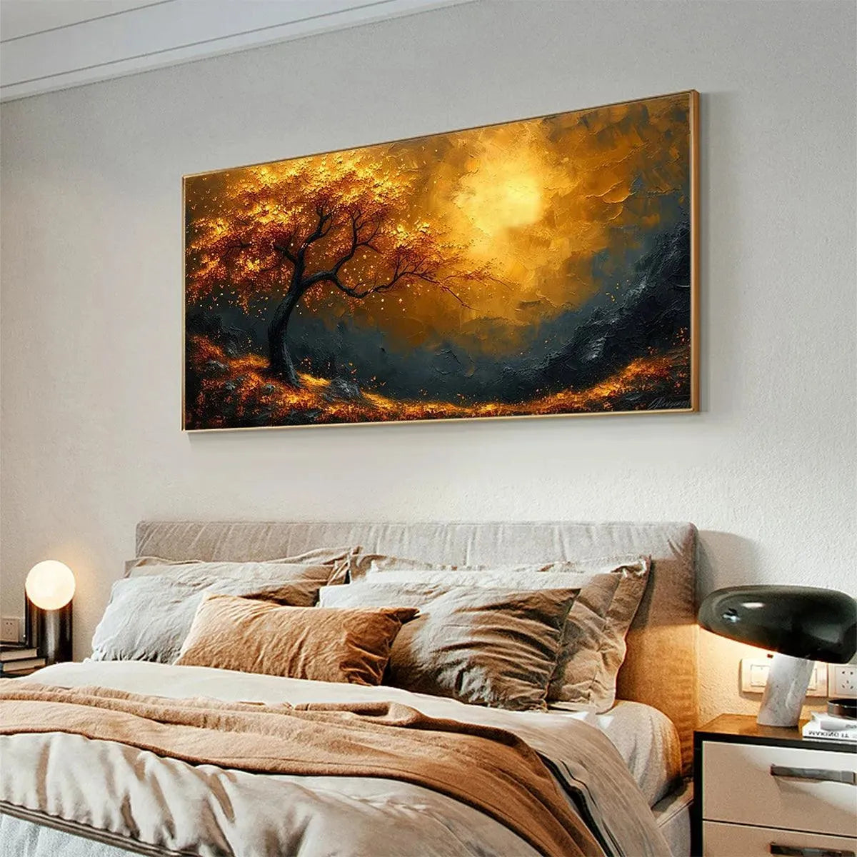 GOLDEN HOUR: Textured Tree Painting, Impasto Wall Art, Panoramic Canvas, Landscape Decor
