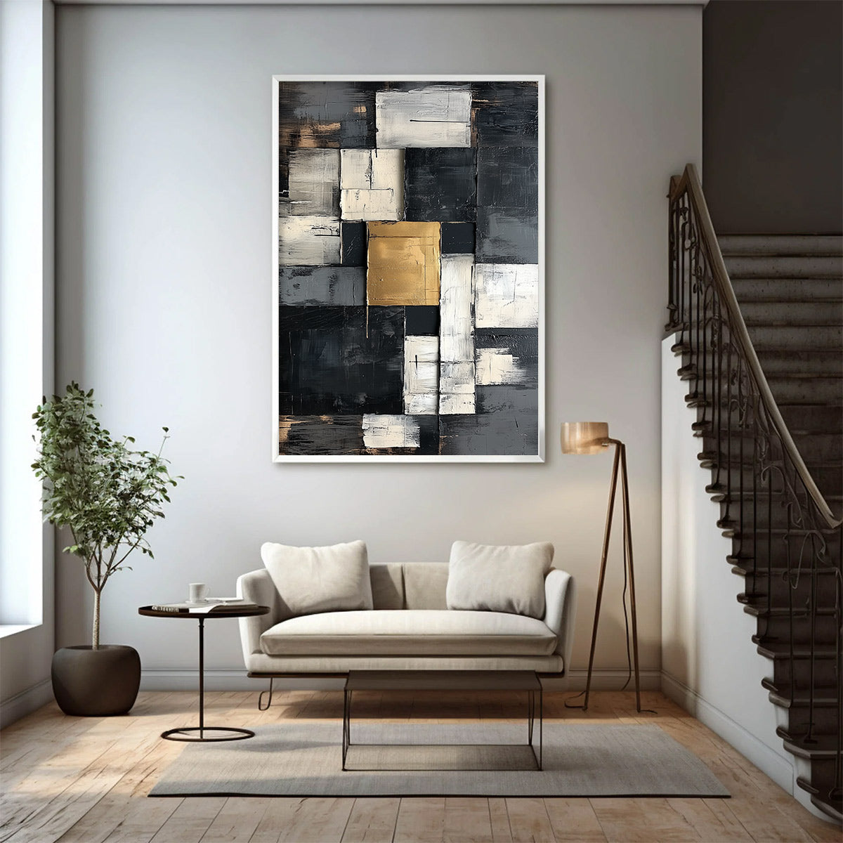 GOLDEN INTERSECTION: Textured Abstract Geometric Oil Painting
