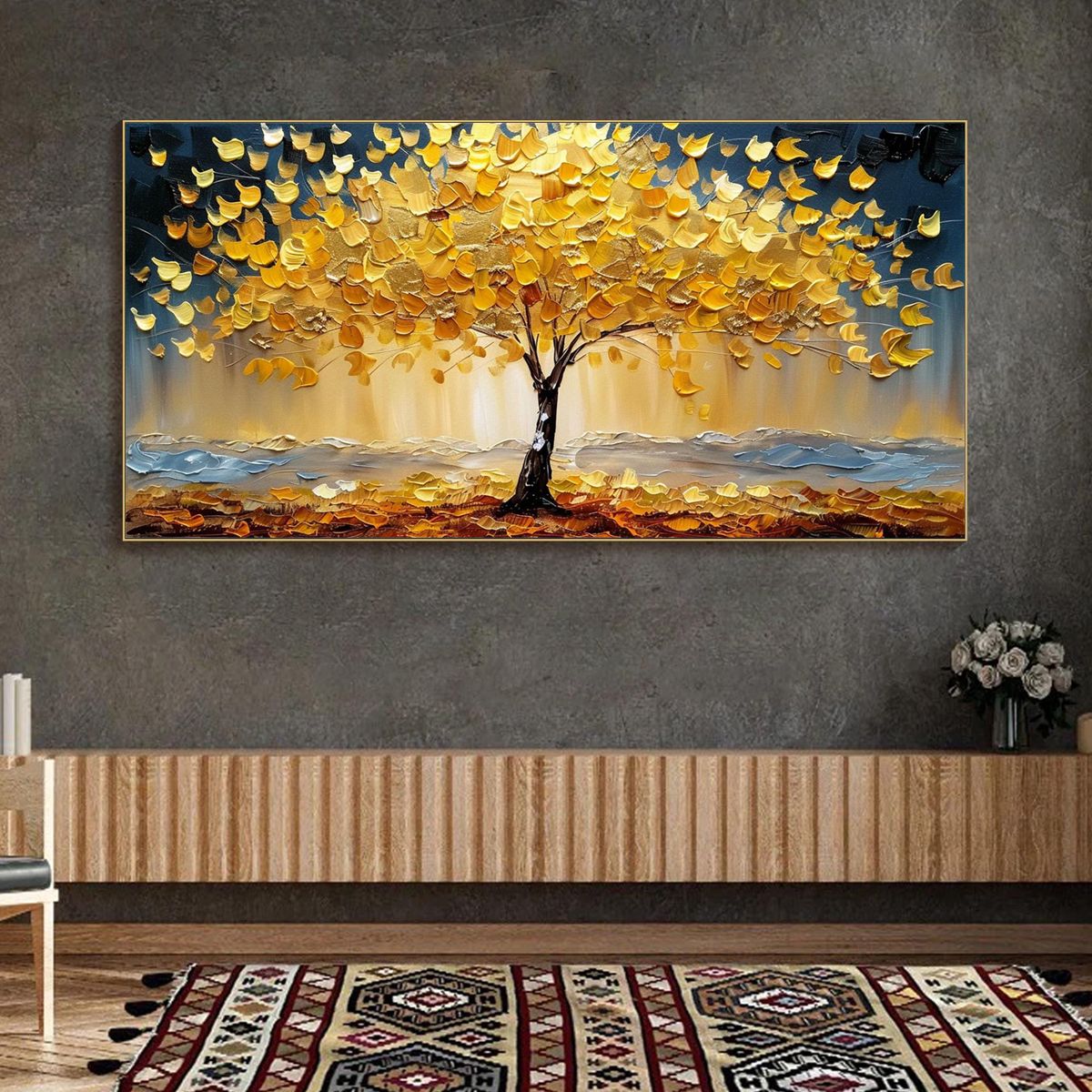 Golden Majesty: Original Textured Impasto Golden Tree Oil Painting - Nature Wall Art