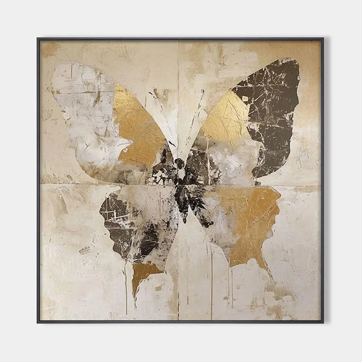 Gold Butterfly Painting, Square Canvas Art, Textured Wall Art, Beige and Gold Decor