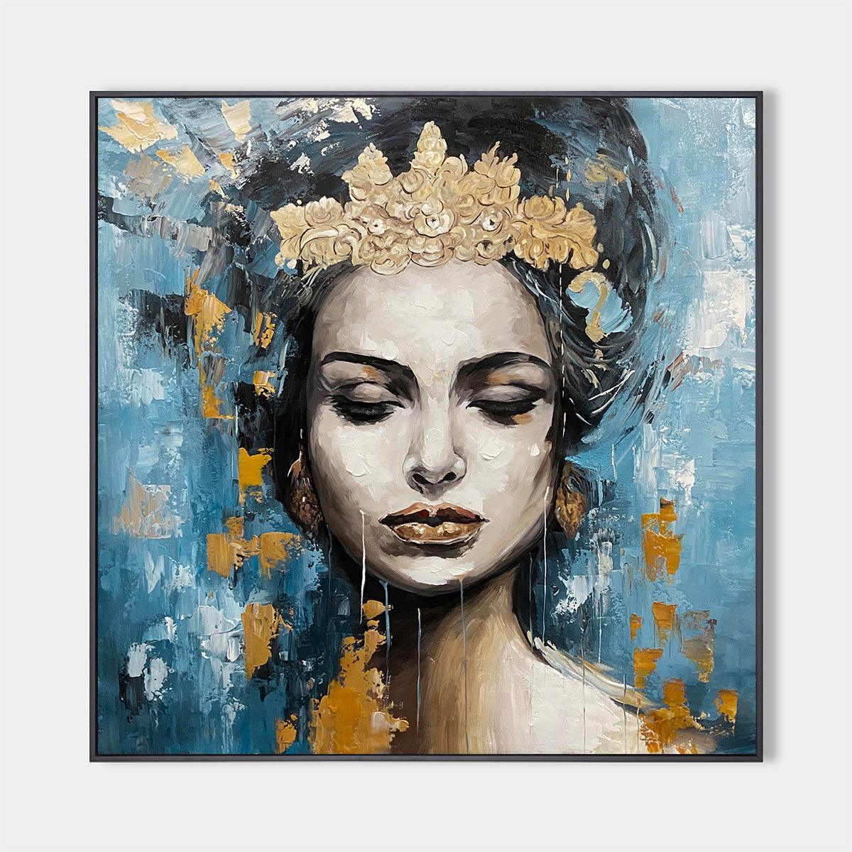 Portrait Painting in Blue and Gold, Square Canvas, Modern Figurative Wall Art