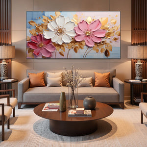 Golden Petals: Original Textured Panoramic Floral Oil Painting - Pink White Gold Flower Wall Art
