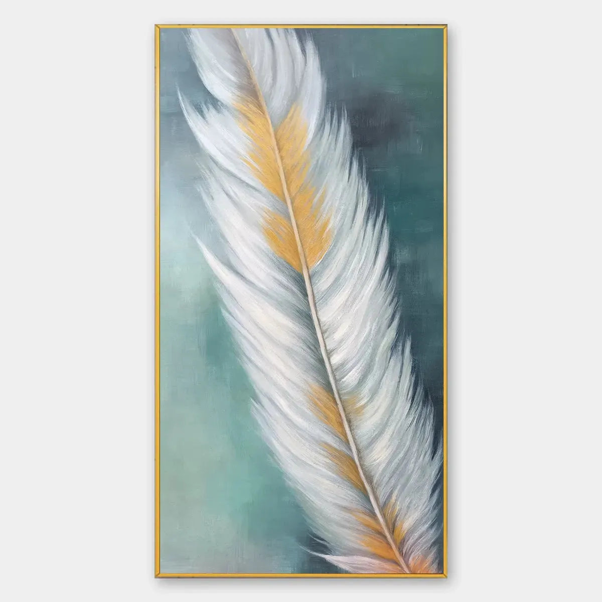 White and Gold Feather Painting, Green Background Wall Art, Vertical Canvas, Minimalist Decor