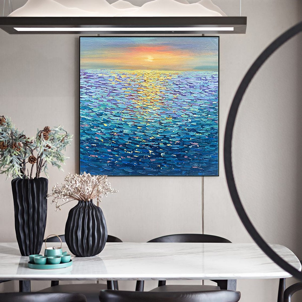 GOLDEN SUNSET OVER WATER: Square Textured Seascape Painting, Palette Knife Ocean Sunset, Blue, Living Room, Bedroom