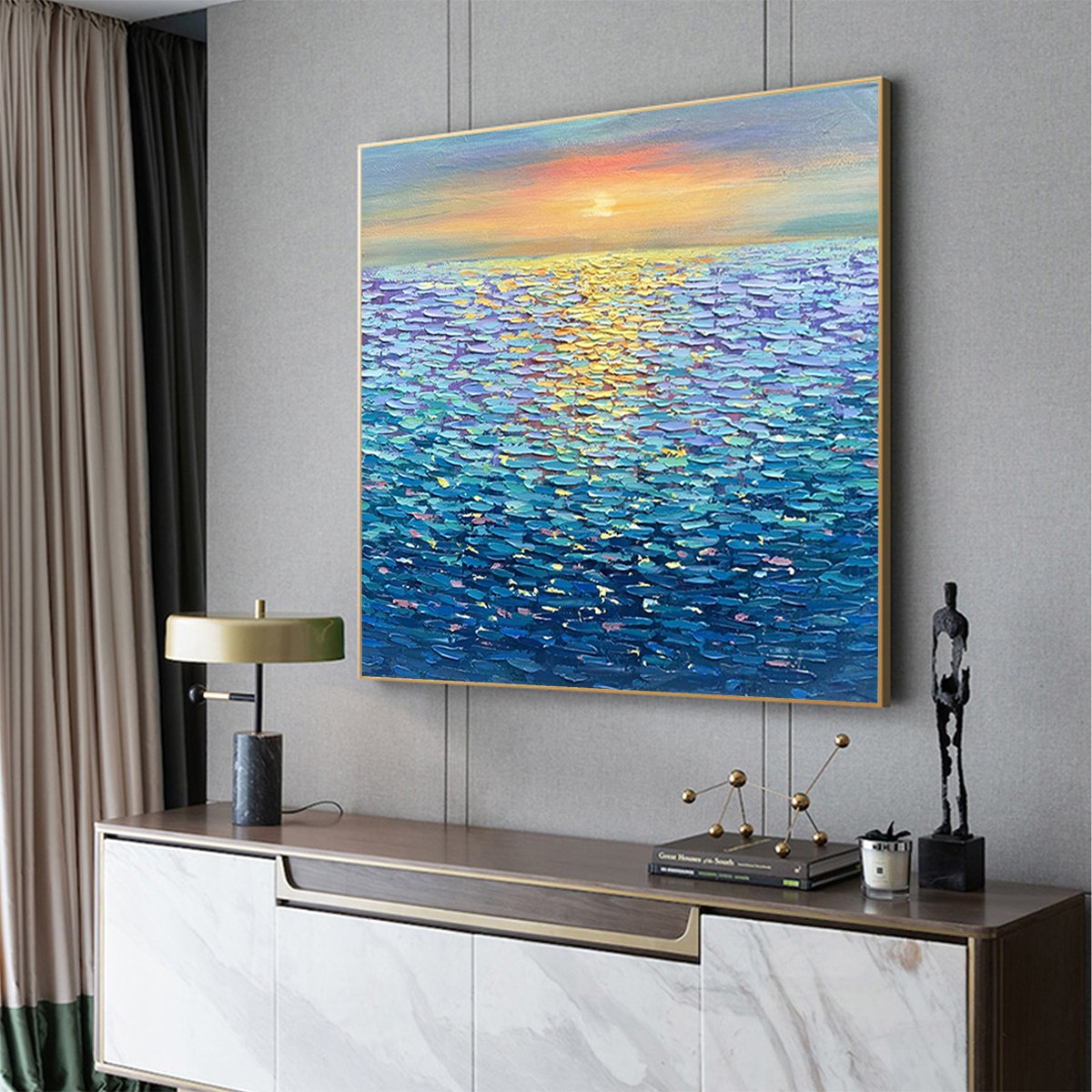 GOLDEN SUNSET OVER WATER: Square Textured Seascape Painting, Palette Knife Ocean Sunset, Blue, Living Room, Bedroom