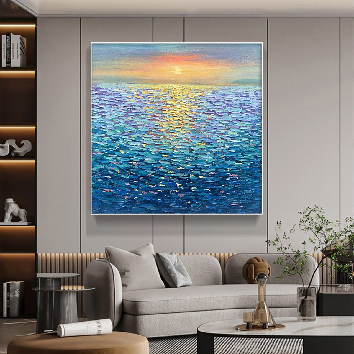 GOLDEN SUNSET OVER WATER: Square Textured Seascape Painting, Palette Knife Ocean Sunset, Blue, Living Room, Bedroom