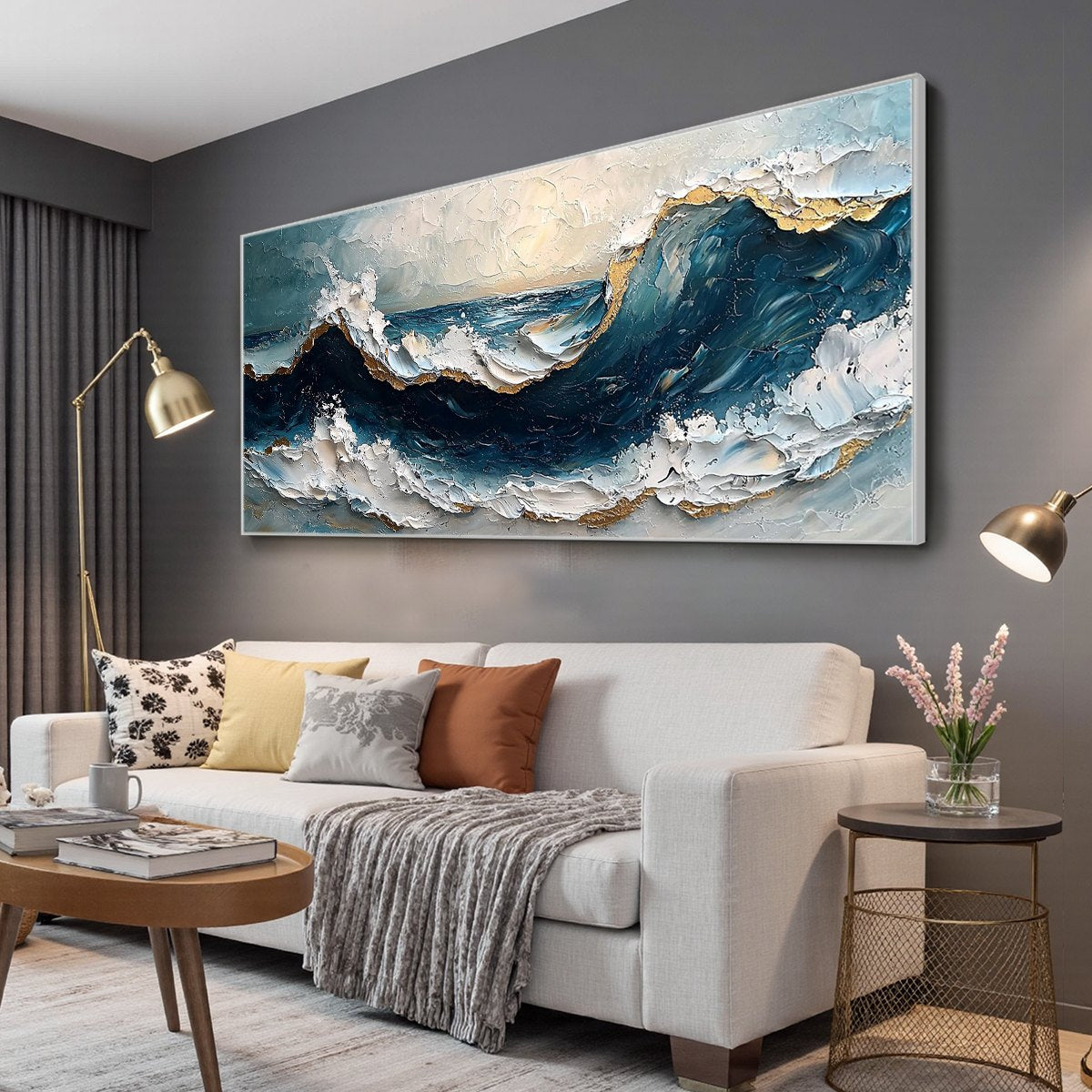 GOLDEN TIDE: Textured Impasto Ocean Wave Oil Painting