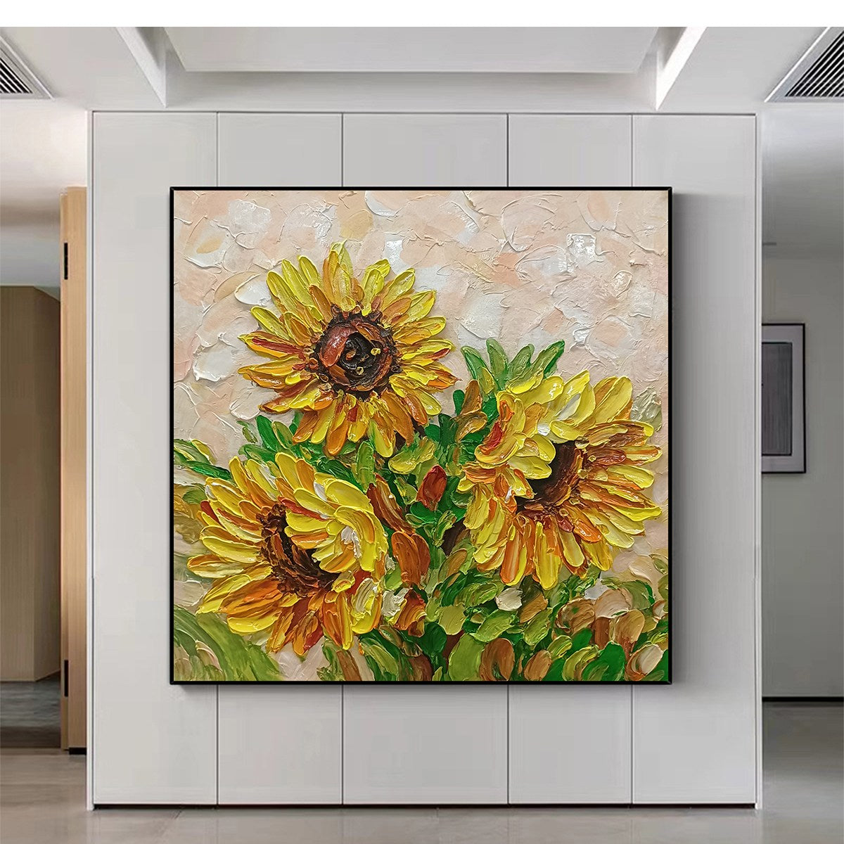 GOLDEN TRIO: Impasto Sunflower Oil Painting in Vibrant Yellows