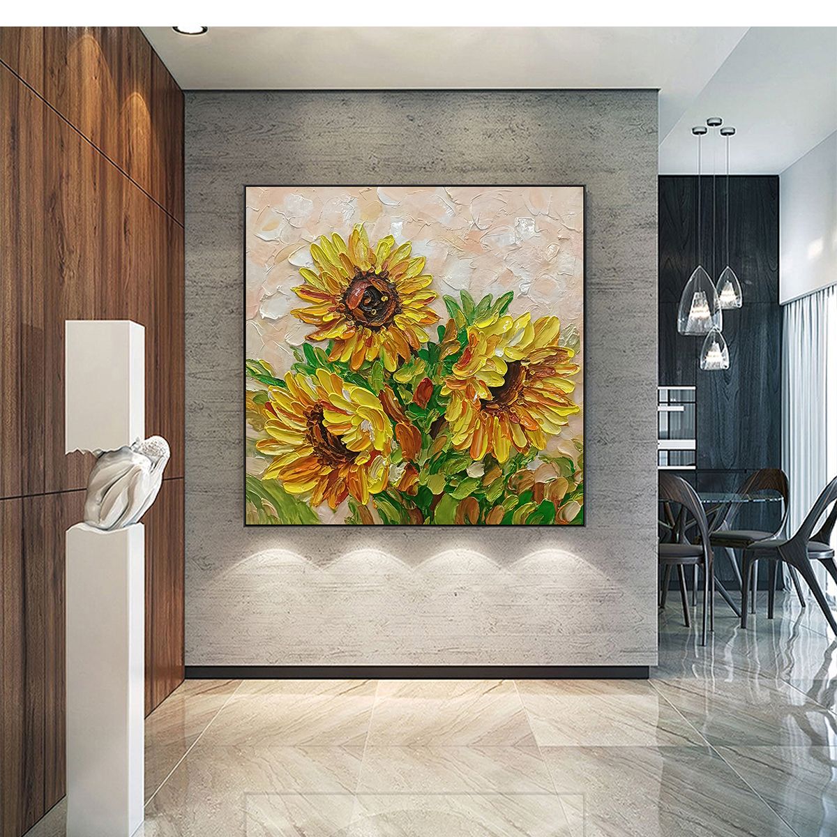 Golden Trio: Impasto Sunflower Oil Painting Canvas Wall Art Decor in Vibrant Yellow