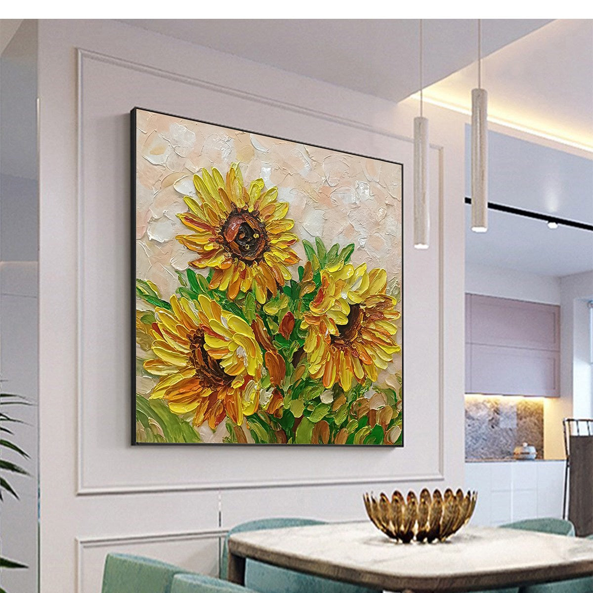GOLDEN TRIO: Impasto Sunflower Oil Painting in Vibrant Yellows