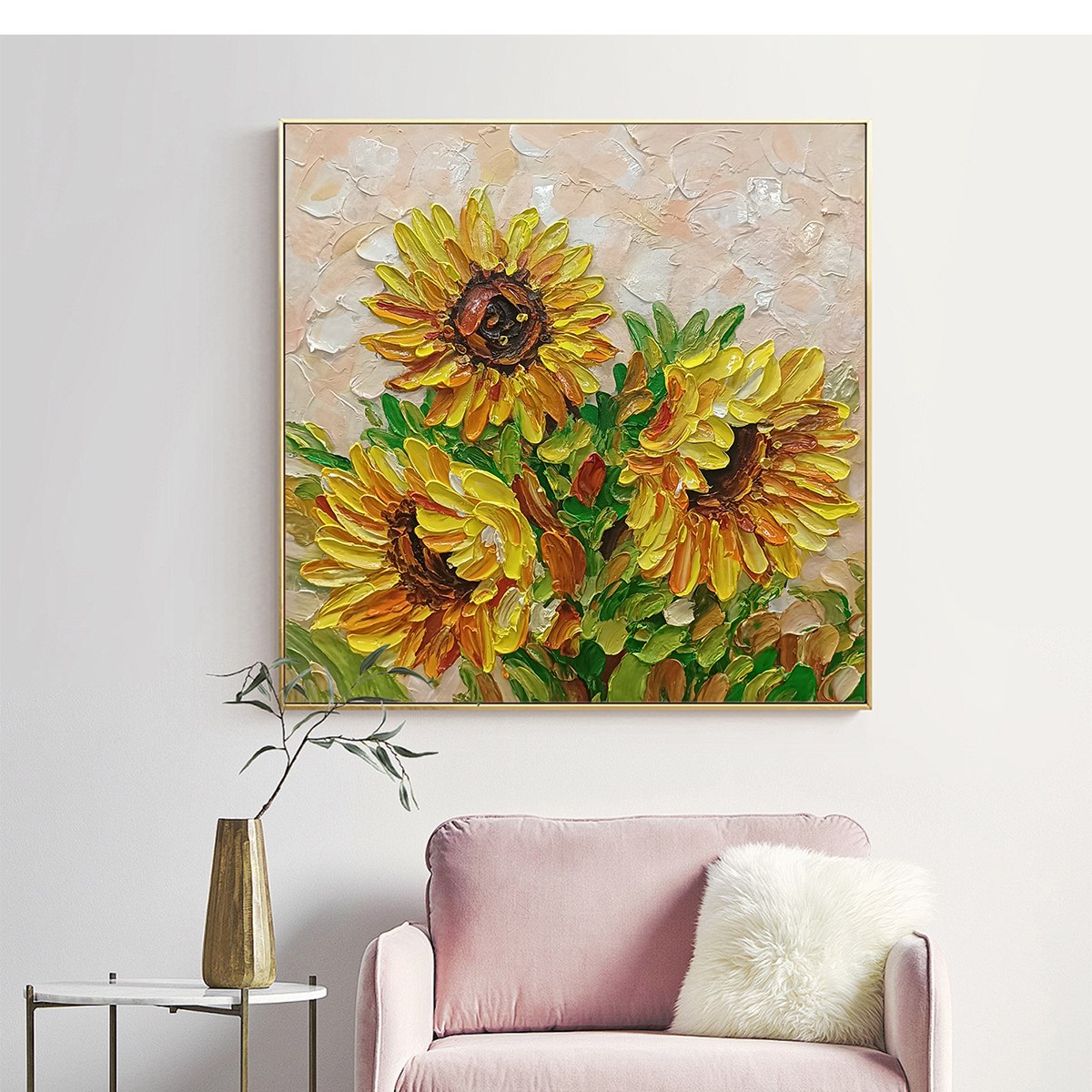 GOLDEN TRIO: Impasto Sunflower Oil Painting in Vibrant Yellows