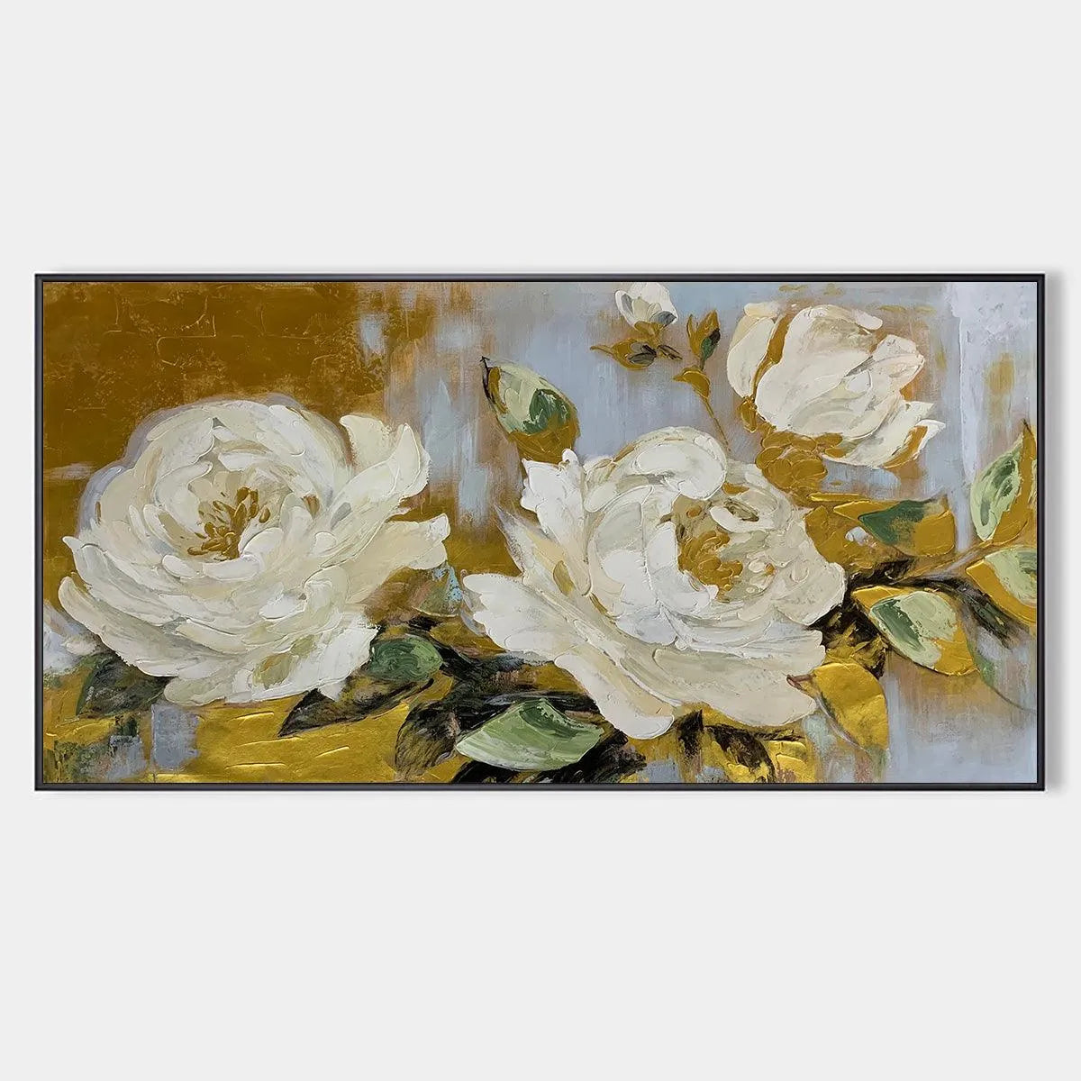 White Floral Painting with Gold Accents, Panoramic Canvas, Elegant Wall Art for Living Room or Bedroom