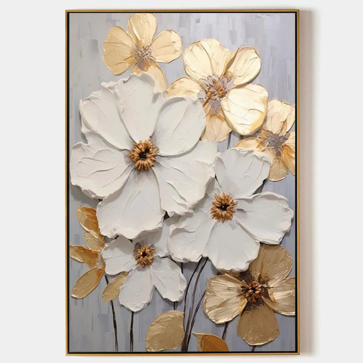 Textured Floral Painting, Gold and White Wall Art, Vertical Canvas, Impasto Decor