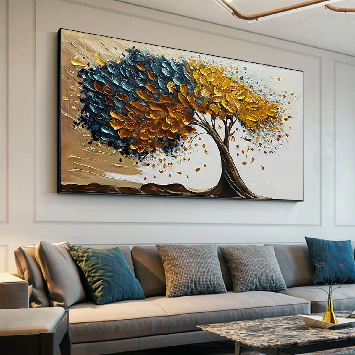 GOLDEN WHISPERS: Textured Abstract Tree Oil Painting