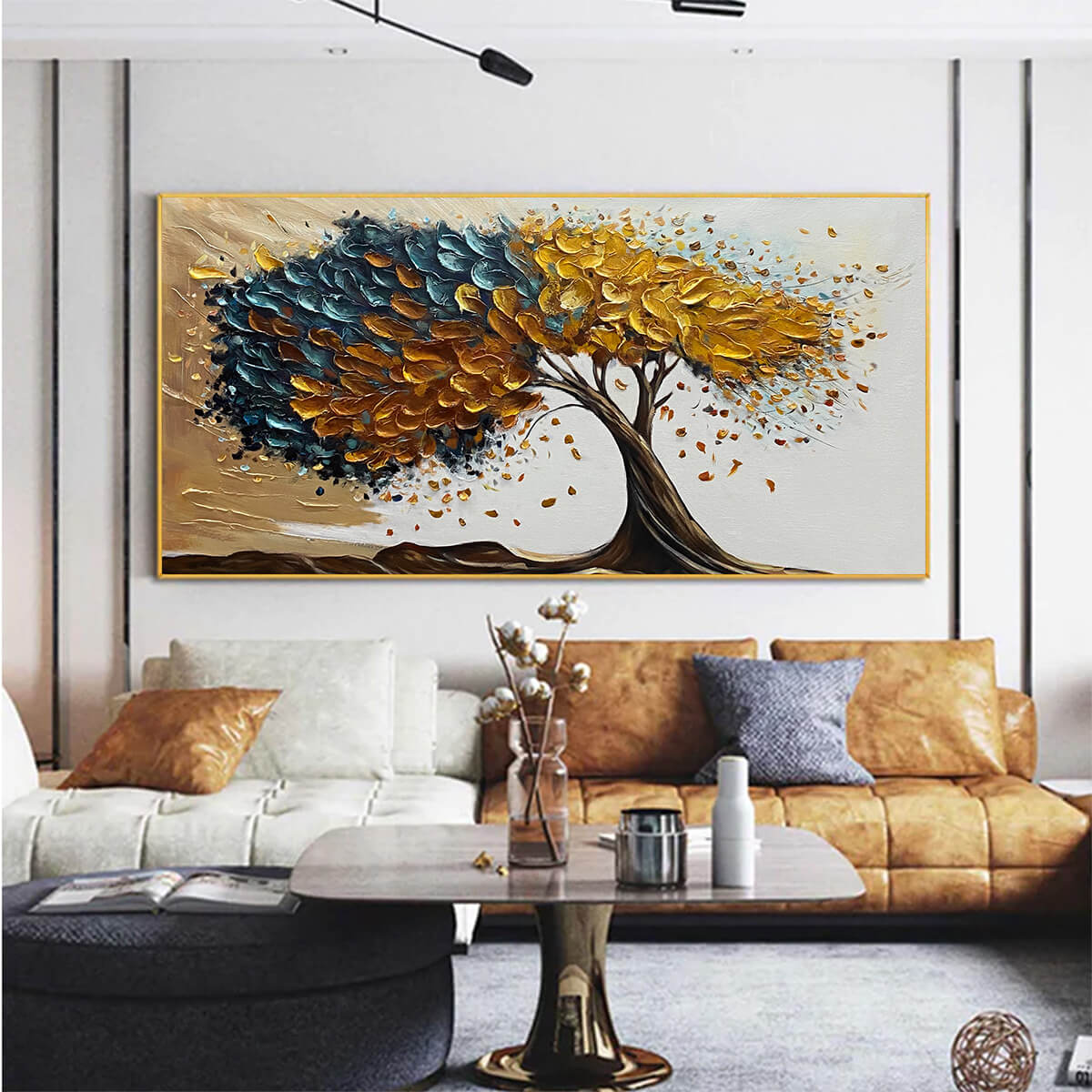 Golden Whispers: Textured Abstract Tree Oil Painting Canvas Wall Art 