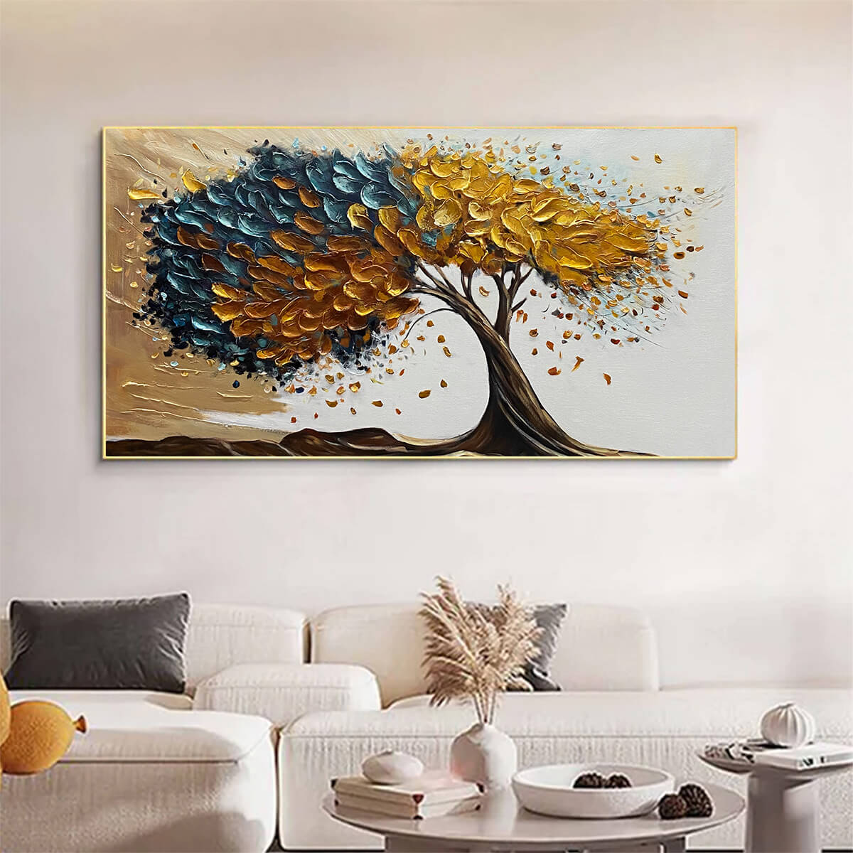 GOLDEN WHISPERS: Textured Abstract Tree Oil Painting
