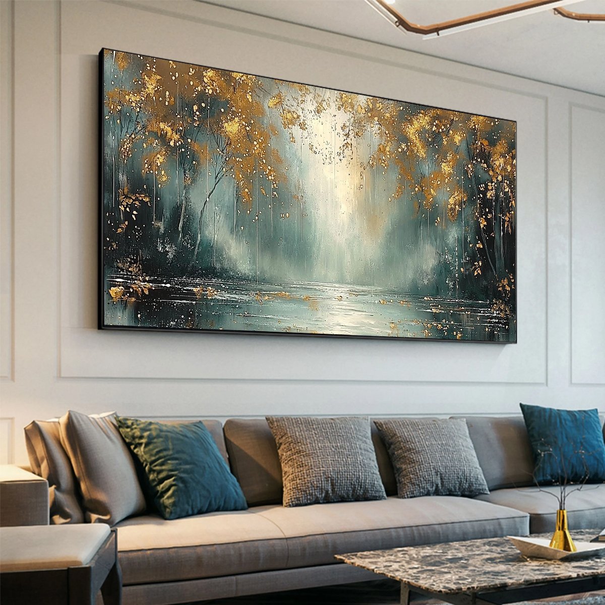 GOLDEN WHISPERS: Textured Forest Landscape Oil Painting with Gold Accents