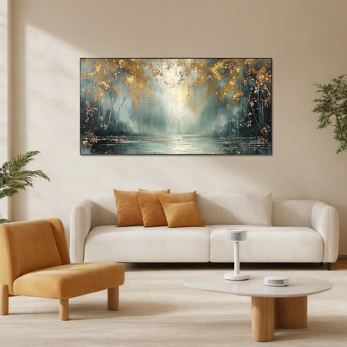 GOLDEN WHISPERS: Textured Forest Landscape Oil Painting with Gold Accents