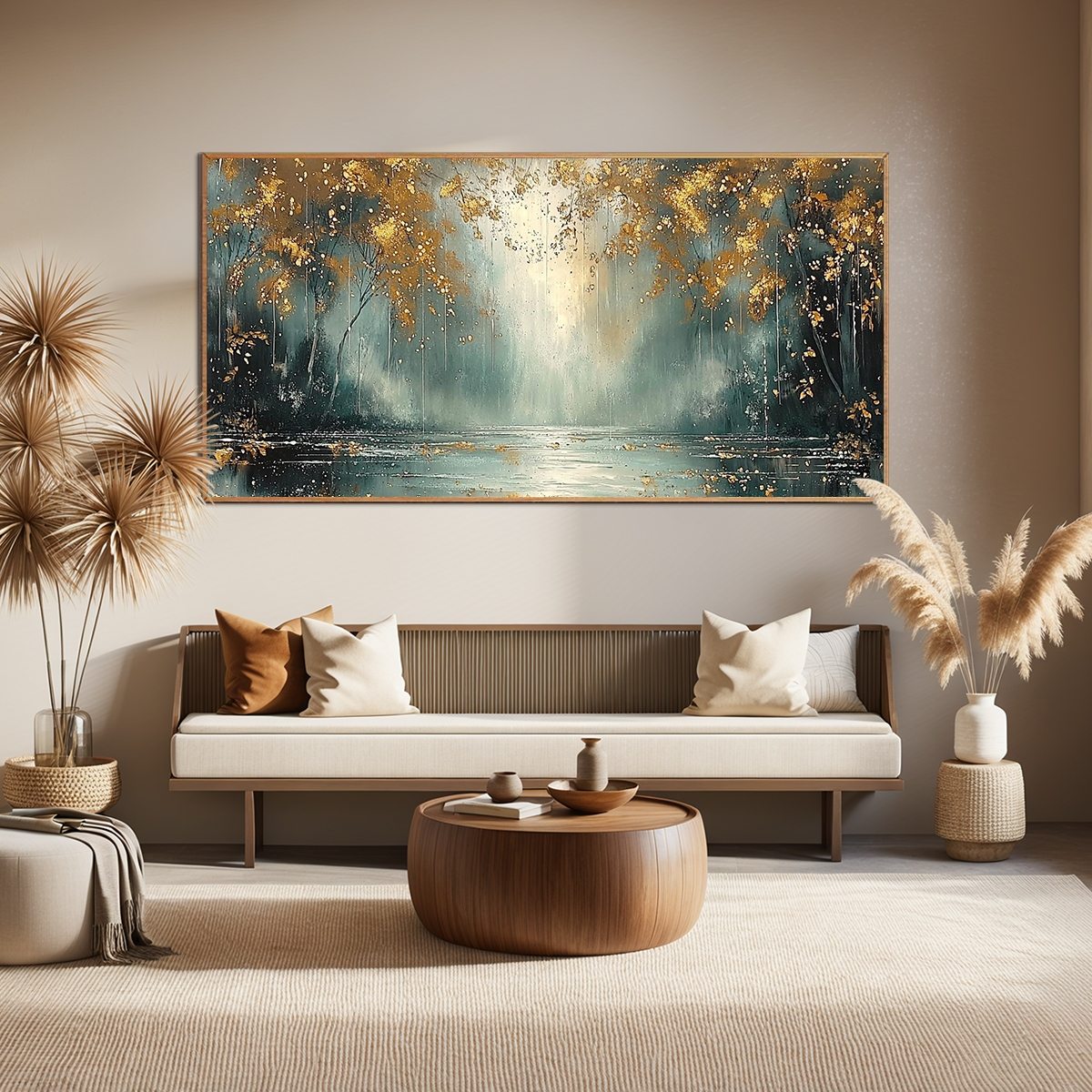 GOLDEN WHISPERS: Textured Forest Landscape Oil Painting with Gold Accents