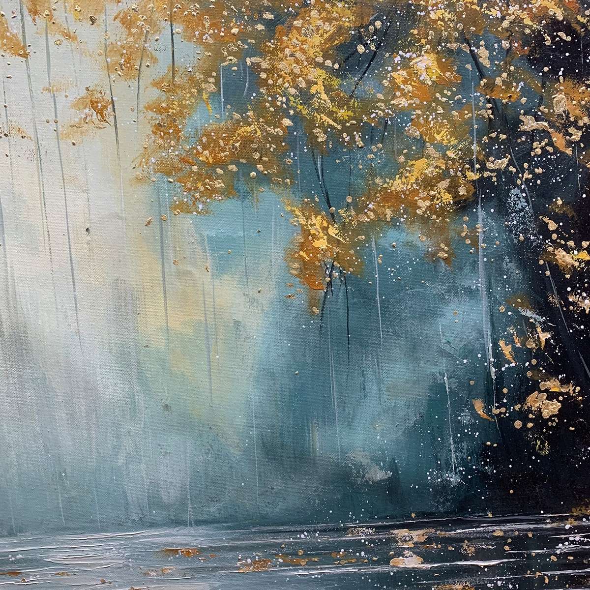 GOLDEN WHISPERS: Textured Forest Landscape Oil Painting with Gold Accents